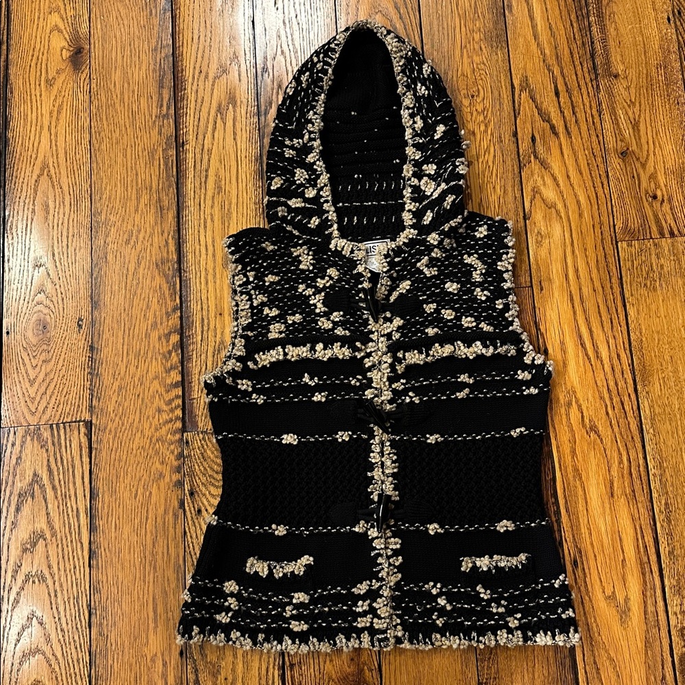 VINTAGE 💗CARLISLE WOMENS BLACK & TAN HOODED SWEATER VEST - TOGGLE CLOSURES LRG